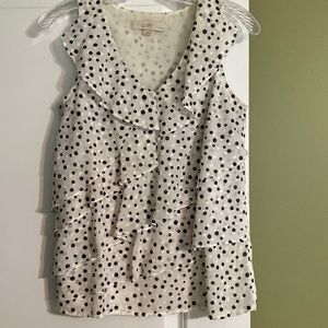 LOFT White and Black Polka Dot Ruffle Tank